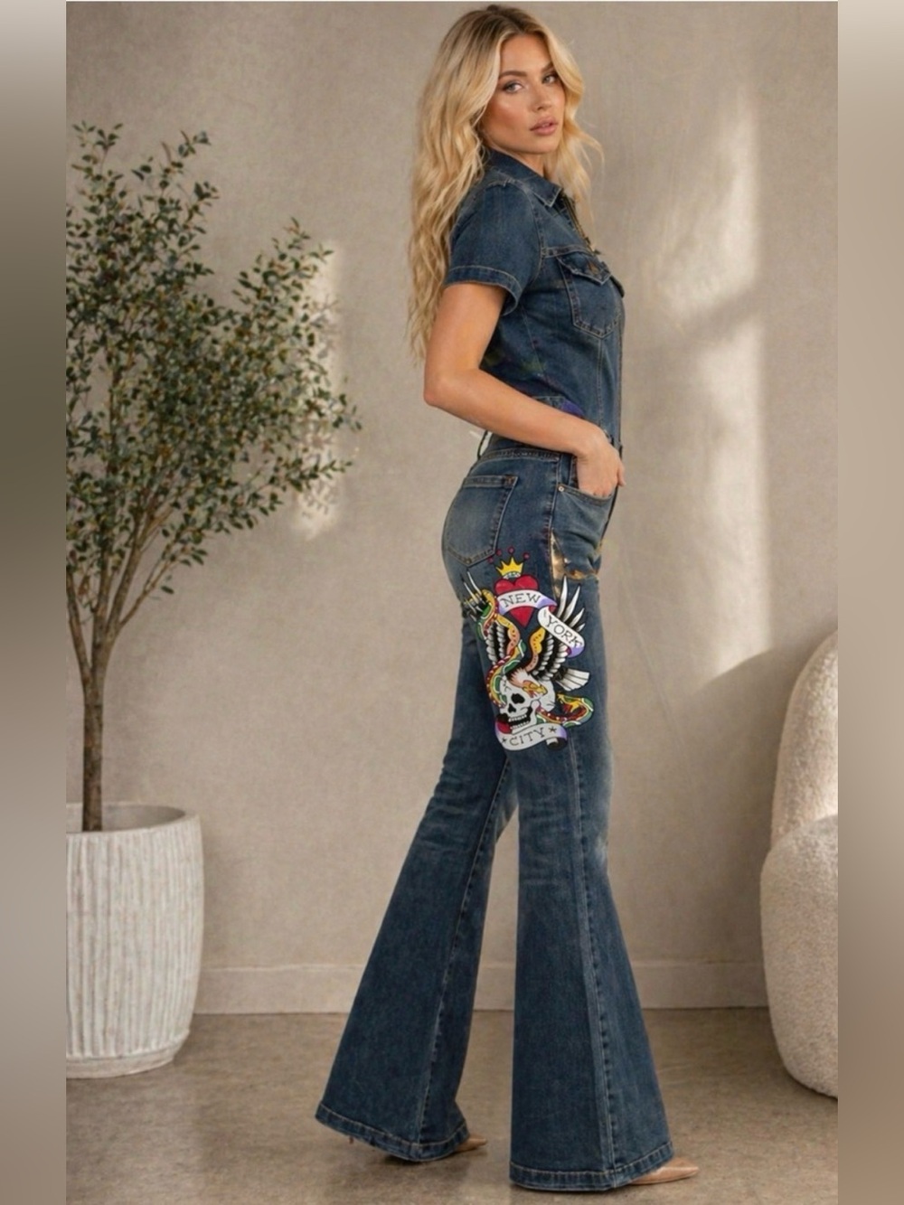 Ed Hardy Dark Blue Embroidered Flare Jean Jumper